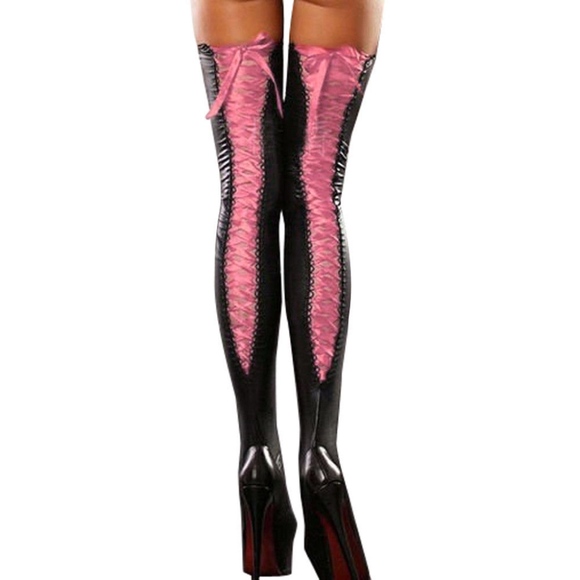 Sexy Black & Pink Lace up Faux Leather Stockings - Picture 2 of 5